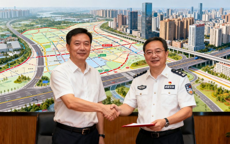 BG视讯与成都交管局签约仪式的现场照片，双方代表在长桌前握手并交换签约文件，背景是成都城市交通规划图与BG视讯品牌标识