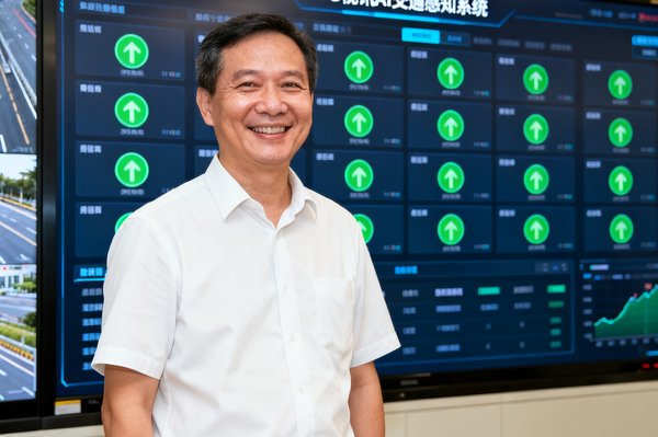 深圳湾口岸交通管理处的项目负责人张先生站在监控大屏前，面带微笑，身后大屏上显示着BG视讯AI交通感知系统的实时数据面板，多个绿色通行状态标识清晰可见
